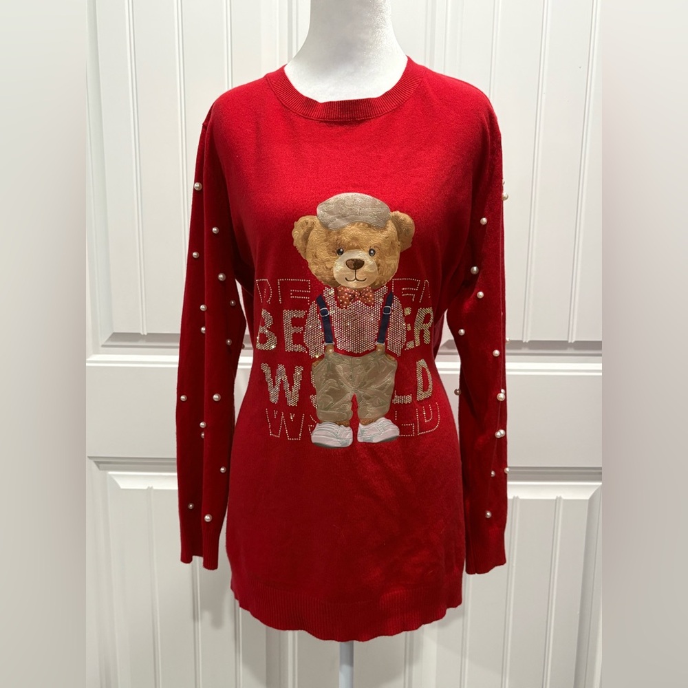 Red Sweater with Bear Design and Pearl Accents Size 2XL